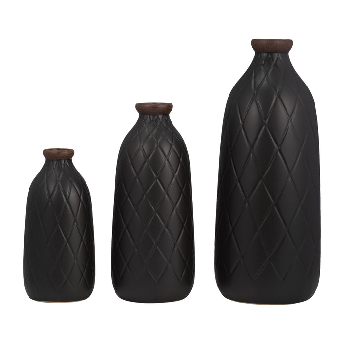 Vase de 12 po en céramique avec texture quadrillée - noir