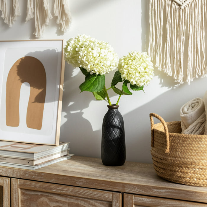 Vase de 12 po en céramique avec texture quadrillée - noir