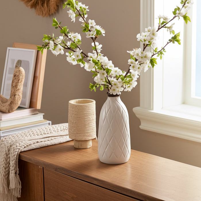 Vase de 12 po en céramique avec texture quadrillée - blanc