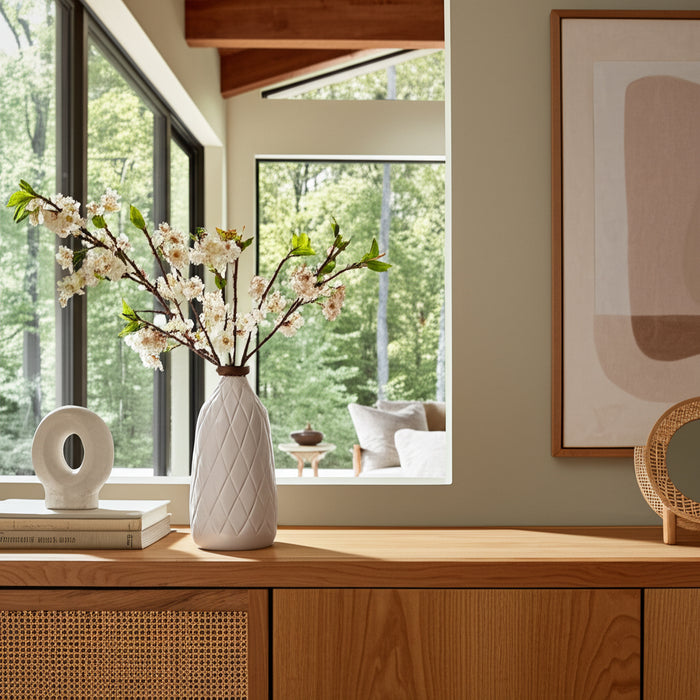 Vase de 12 po en céramique avec texture quadrillée - blanc