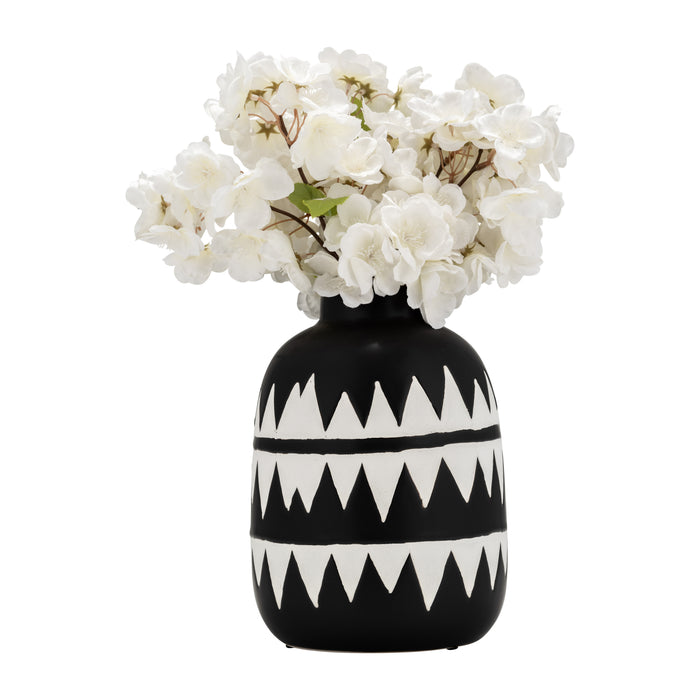 Vase à fleurs de 9 po en céramique à motif tribal - noir et blanc