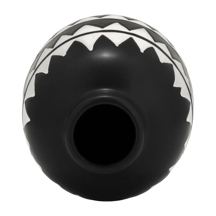 Vase à fleurs de 9 po en céramique à motif tribal - noir et blanc