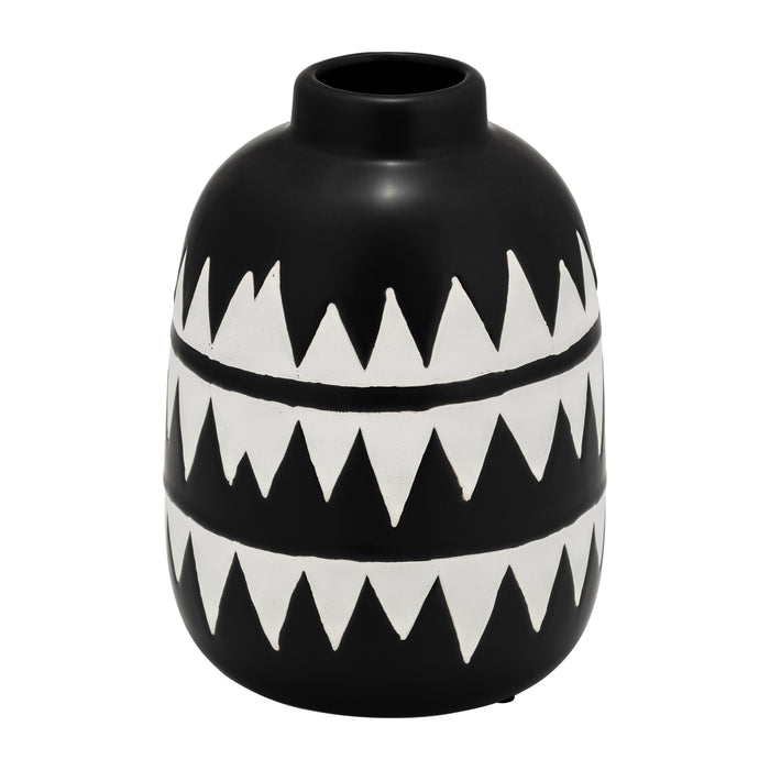 Vase à fleurs de 9 po en céramique à motif tribal - noir et blanc