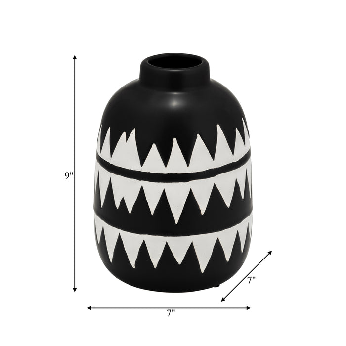 Vase à fleurs de 9 po en céramique à motif tribal - noir et blanc