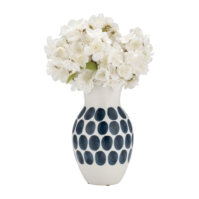 Vase à fleurs de 10 po en céramique à motif à pois bleu marine - blanc