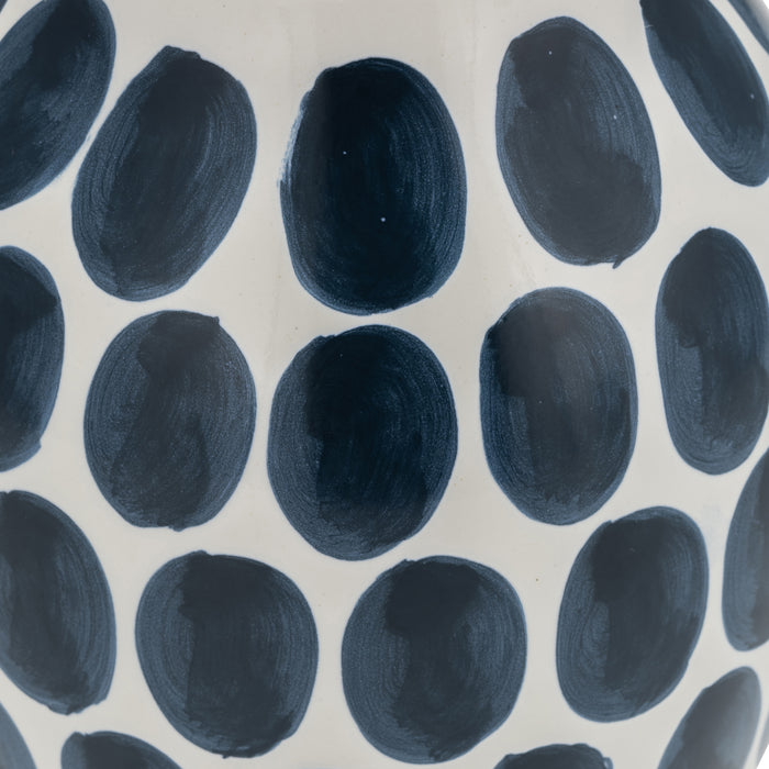 Vase à fleurs de 10 po en céramique à motif à pois bleu marine - blanc