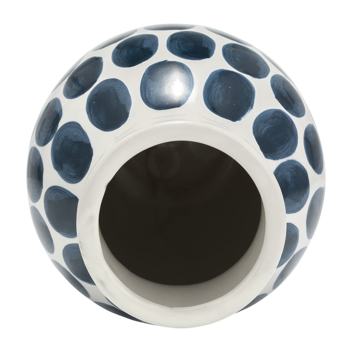 Vase à fleurs de 10 po en céramique à motif à pois bleu marine - blanc