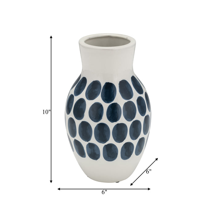 Vase à fleurs de 10 po en céramique à motif à pois bleu marine - blanc