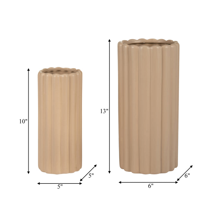 Vase cannelé de 10 po/13 po en céramique crème irlandaise - ensemble de 2