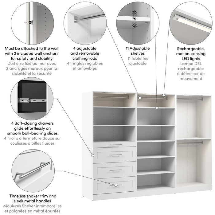 Système de pièce-penderie modulaire Florence de Bestar de 107 po avec éclairages à DEL, tringles, tablettes et tiroirs de style Shaker - blanc