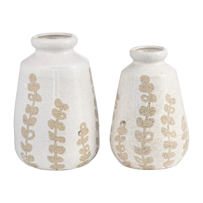 Vase de 9 po en céramique à motif botanique - ivoire