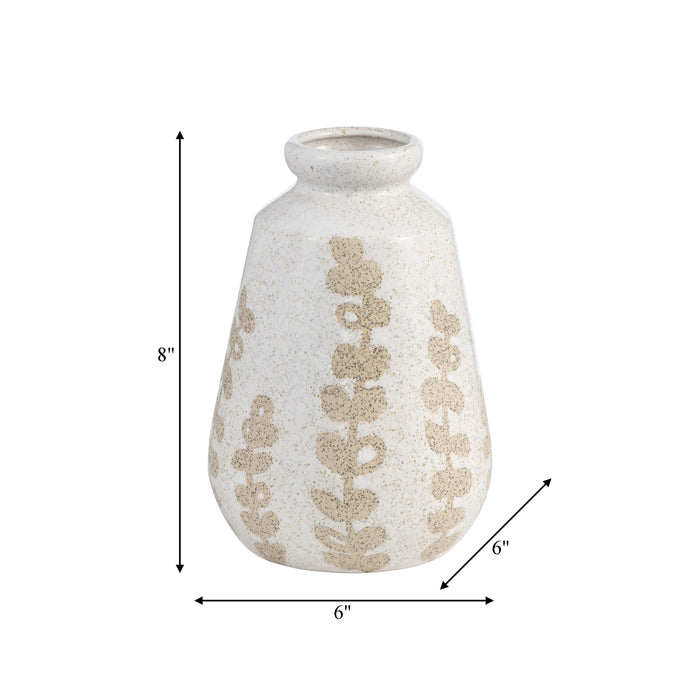 Vase de 9 po en céramique à motif botanique - ivoire
