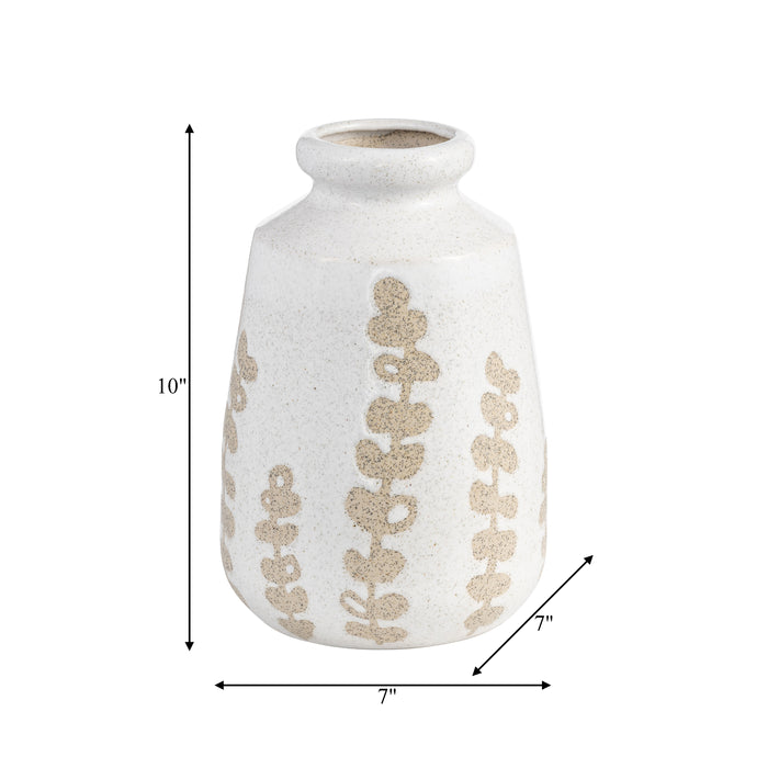 Vase de 10 po en céramique à motif botanique - ivoire