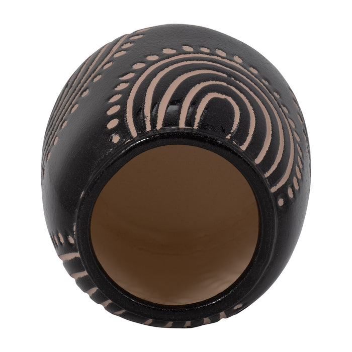 Vase de 6 po en céramique à motif tribal d’arcs - noir et tan
