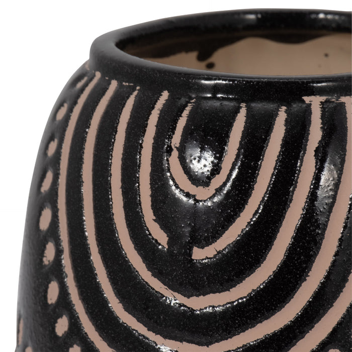 Vase de 6 po en céramique à motif tribal d’arcs - noir et tan