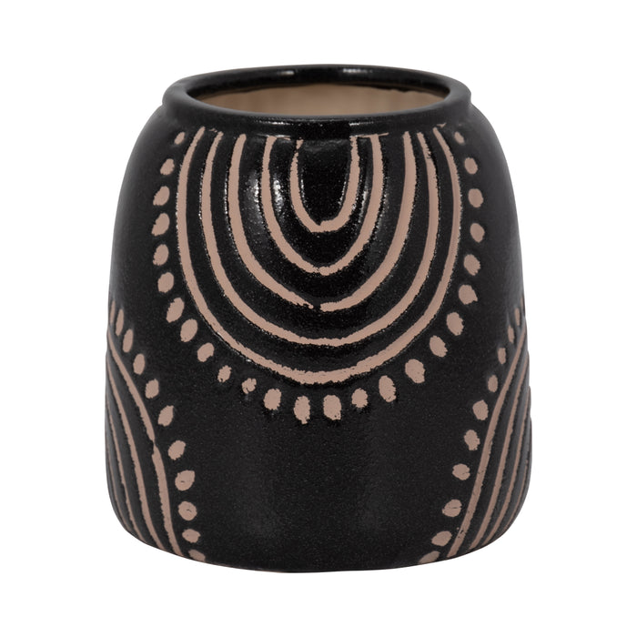 Vase de 6 po en céramique à motif tribal d’arcs - noir et tan