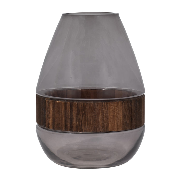 Vase à panse de 8 po en verre avec bande en bois