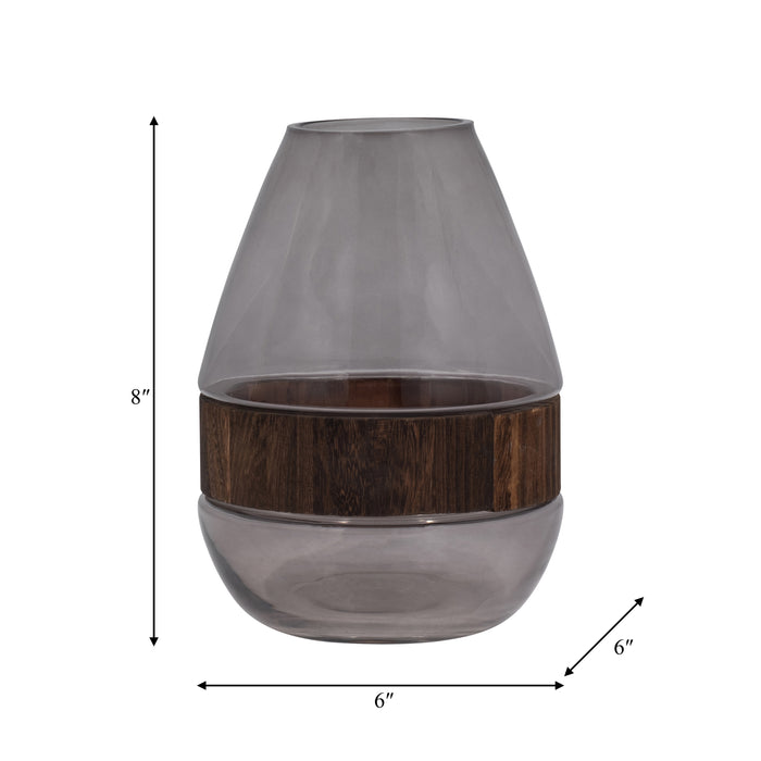 Vase à panse de 8 po en verre avec bande en bois