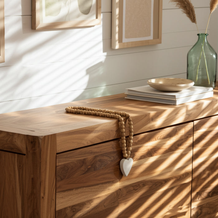 Guirlande de 36 po en bois avec petites billes et cœur en marbre - brune