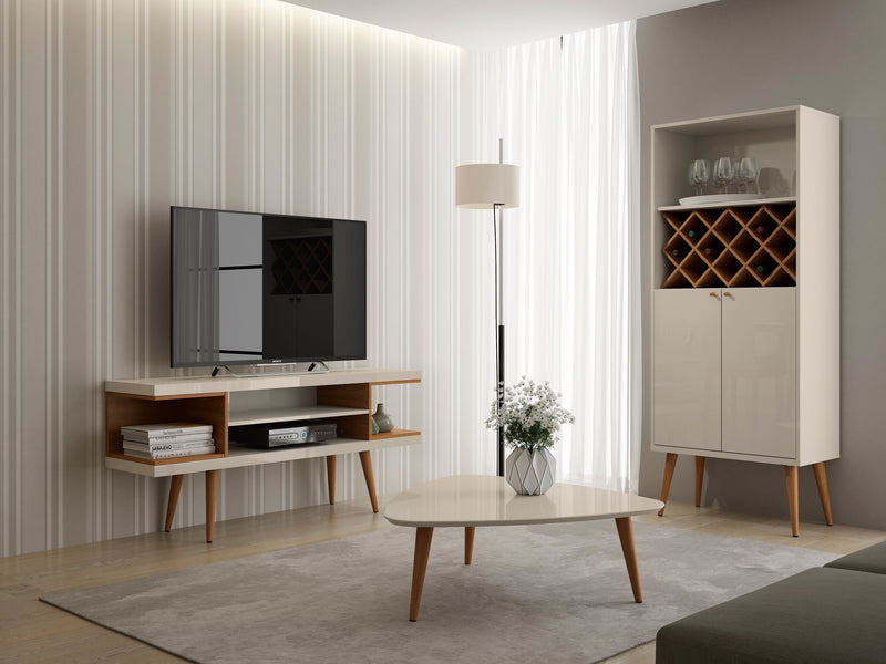 Meuble pour téléviseur Utopia de Manhattan Comfort de 53,14 po avec pattes évasées en bois et 4 tablettes - blanc cassé et crème d'érable