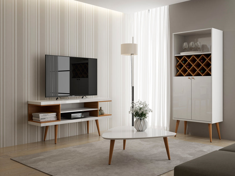 Meuble pour téléviseur Utopia de Manhattan Comfort de 53,14 po avec pattes évasées en bois et 4 tablettes - blanc lustré et crème d'érable