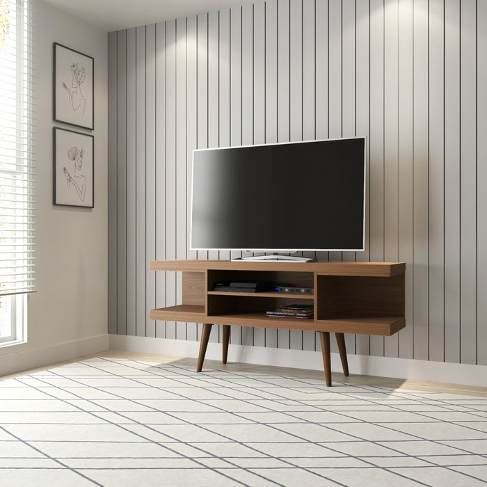 Meuble pour téléviseur Utopia de Manhattan Comfort de 53,14 po avec pattes évasées en bois et 4 tablettes - crème d'érable