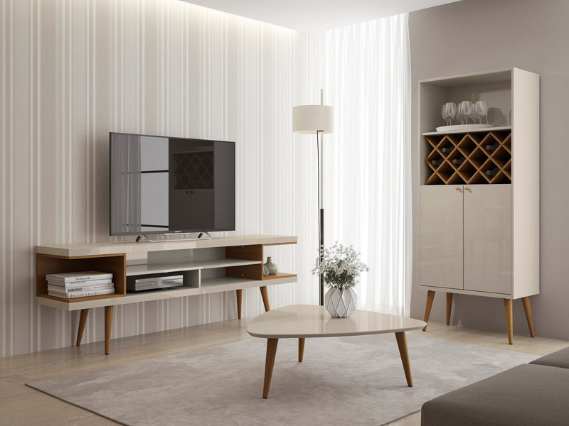 Meuble pour téléviseur Utopia de Manhattan Comfort de 70,47 po avec pattes évasées en bois et 4 tablettes - blanc cassé et crème d'érable