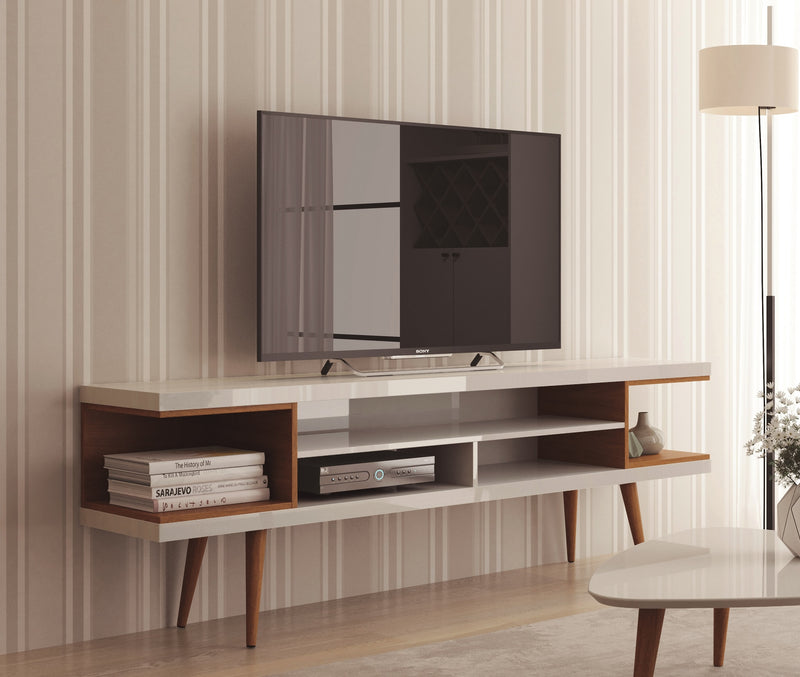 Meuble pour téléviseur Utopia de Manhattan Comfort de 70,47 po avec pattes évasées en bois et 4 tablettes - blanc lustré et crème d'érable