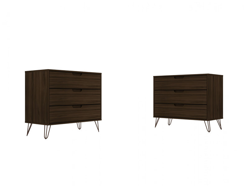 Commode Rockefeller Mid-Century Modern 89 cm en marron chataigne (3 tiroirs) – Lot de 2