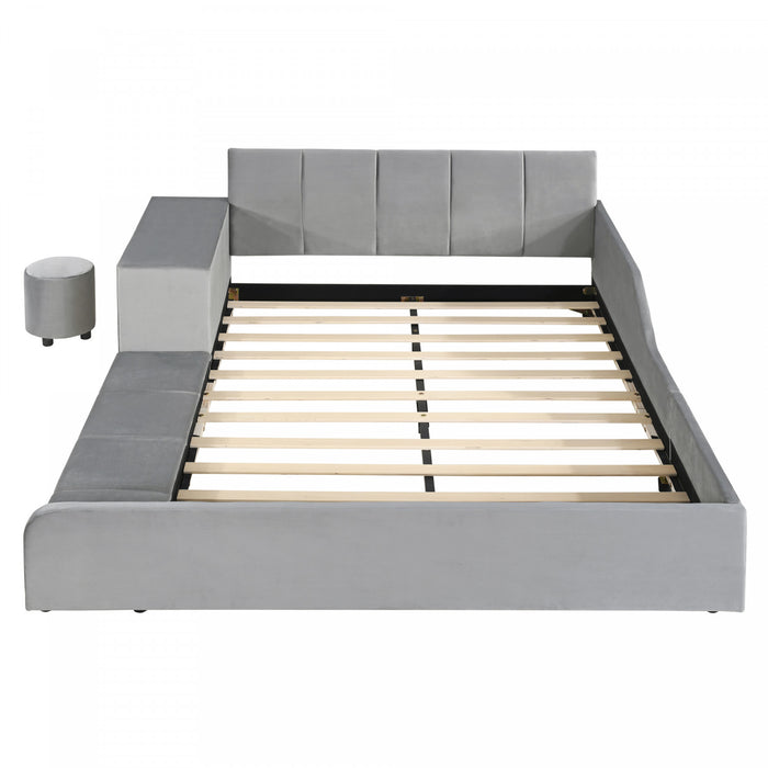Lit Lily en velours rembourre avec bureau et tabouret, taille Queen, gris
