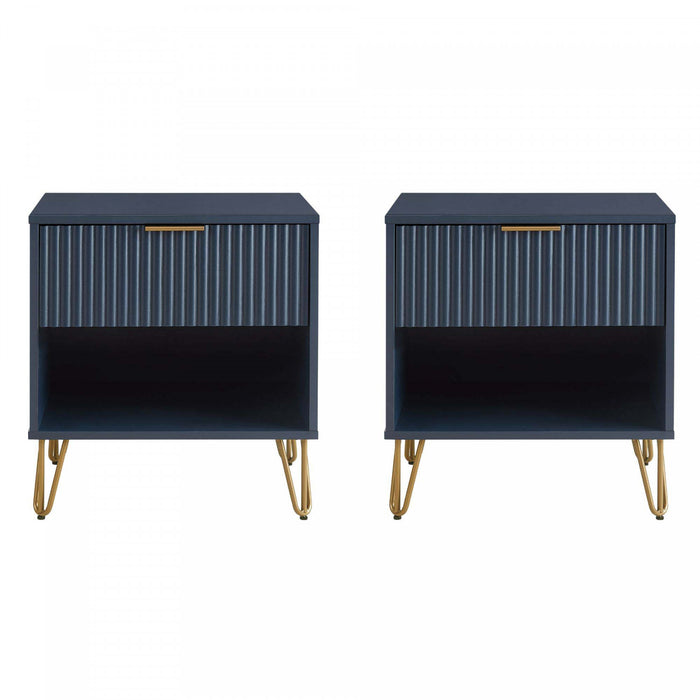 Table de nuit moderne Dumbo 20\" a cannelures en bleu minuit (1 tiroir) - Lot de 2