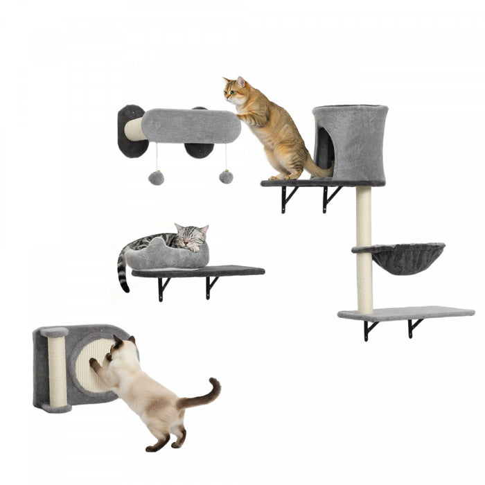 Lit pour chat PawHut d'interieur, grande maison pour chat avec coussin moelleux, griffoir, balle suspendue, niche pour chaton avec entree double, gris
