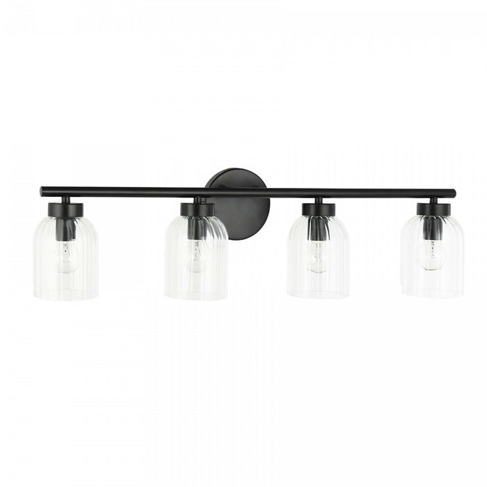 Lumière de coiffeuse Vienna de Dainolite en verre côtelé transparent, avec fini noir mat et 4 ampoules incandescentes