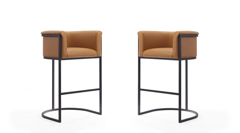 Tabouret de bar rembourre en metal style cosmopolite mi-siecle moderne, coloris camel - Lot de 2