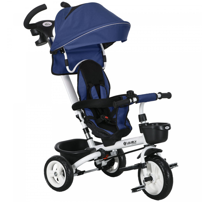 Qaba Tricycle Pour Tout-petits, Velo Poussette Avec Poignee De Poussee Parentale, Paniers De Rangement, Porte-gobelet, Garde-corps De Securite Et Ceinture De Securite, Pour 12 A 60 Mois, Bleu Fonce
