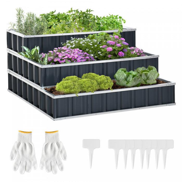 Outsunny 47'' X 47'' X 25'' Jardiniere En Acier 3 Etages Lit De Culture Sureleve Carre Potager Escalier Pour Patio Terrasse Jardin Une Paire De Gants Fournie Gris