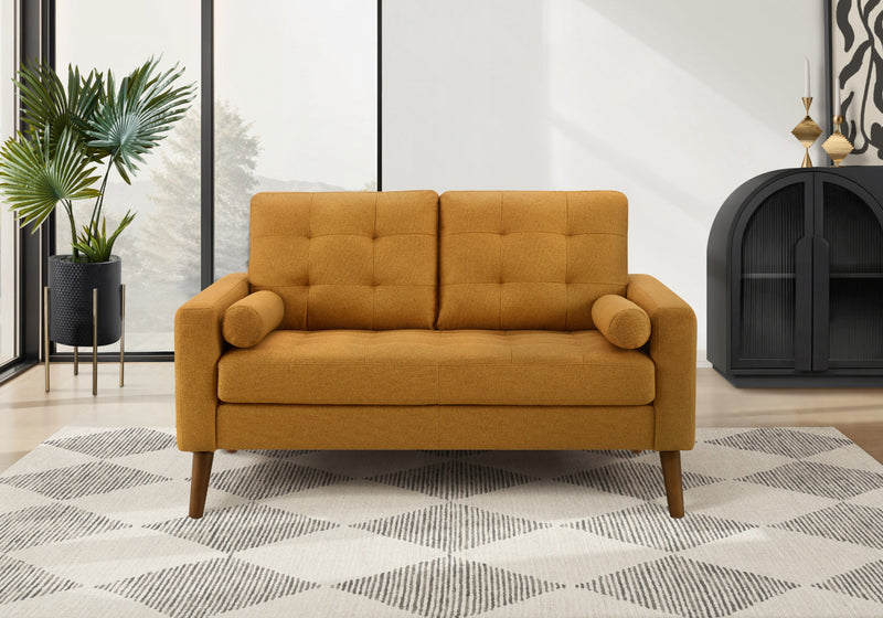 Causeuse Rembourre, 58\" L, Salon, Tissu Orange, Pieds En Bois De Noyer, Mid Century