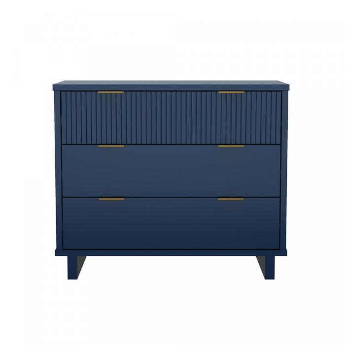 Commode contemporaine Elara 38\" en bois massif bleu minuit (3 tiroirs)