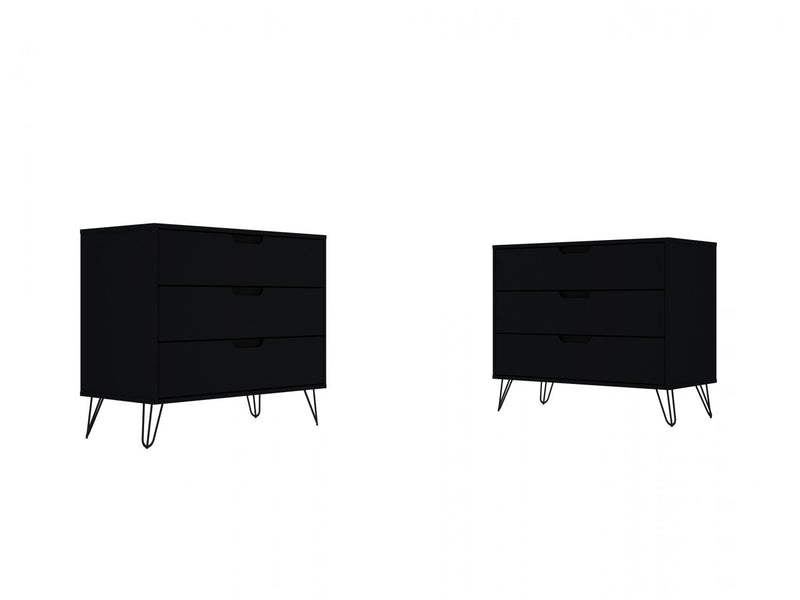 Commode Rockefeller Mid-Century Modern 89 cm en noir (3 tiroirs) – Lot de 2