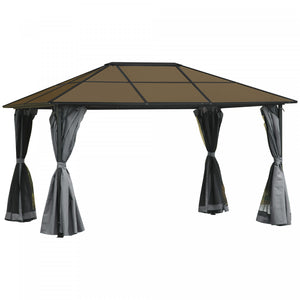 Outsunny 13' X 10' Pavillon De Jardin Tonnelle Gazebo Toit Rigide Auvent Tente De Fete Patio Abri Exterieur Avec Rideaux Et Moustiquaires Gris