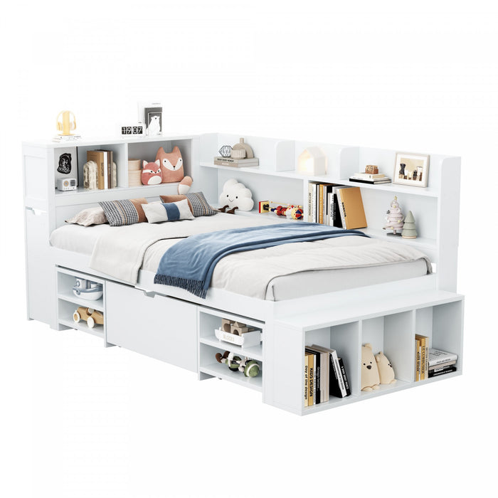 Banquette-lit multifonction Ethan avec rangement integre, tiroirs et bibliotheque, taille simple, blanc
