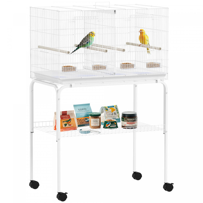 PawHut Cage a Oiseaux 116 cm, Cage pour Perruches, Inseparables, Canaris, avec Separateur, Support a Roulettes, Etagere, 4 Perchoirs en Bois, Plateau Coulissant, 4 Gamelles, Blanc
