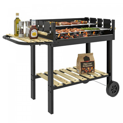 Outsunny Charcoal Grill, Barbecue Trolley with Double Adjustable Grill, Side Table, Storage Shelf and Wheels for Outdoor Garden Party Cooking, Black