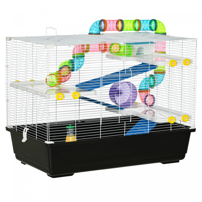 Pawhut Grande Cage Pour Hamster De 31 Cm, Maison Pour Petits Animaux, Refuge Pour Gerbilles A Plusieurs Etages, Systeme De Tube Tunnel, Avec Bouteille D'eau, Tubes, Roue D'exercice, Plat De Nourriture