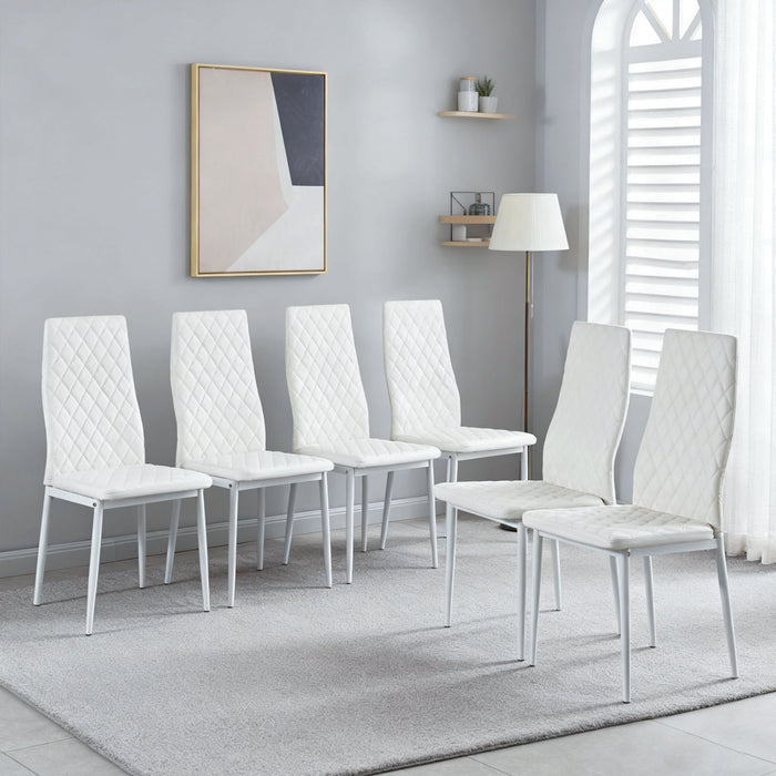 Ensemble de chaises de salle a manger modernes Ava avec motif de grille en diamant (lot de 6), cuir ignifuge et cadre en metal, blanc