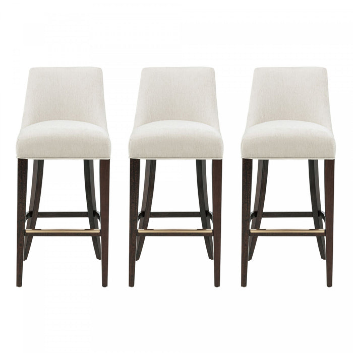 Tabouret de bar moderne Beever en bois et tissu chenille creme - Lot de 3