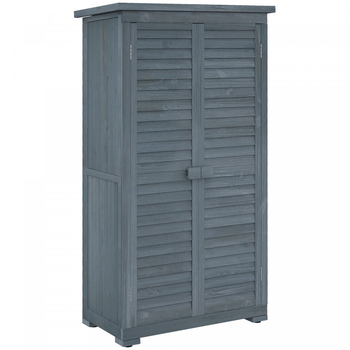 Outsunny Abri De Jardin En Bois, Abri De Rangement Exterieur Compact, Organisateur D'outils A 3 Niveaux Avec Toit En Asphalte Et Portes A Volets, 34,3\" X 18,3\" X 63\", Gris