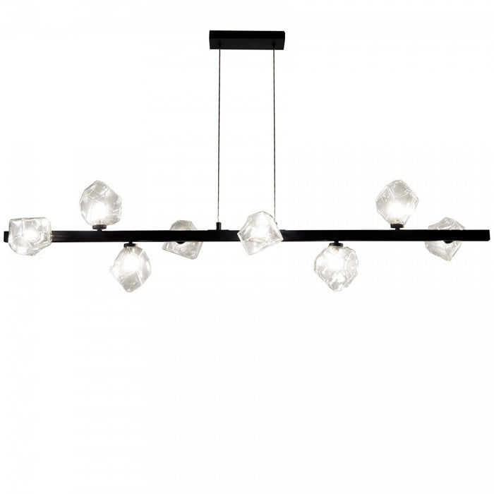 Luminaire suspendu horizontal Pearlene de Dainolite en verre transparent, avec fini noir mat et 8 ampoules