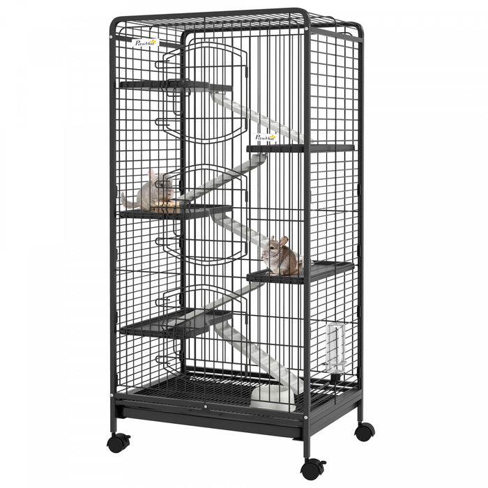 Pawhut Cage Pour Petits Animaux A 5 Niveaux Pour Lapins Et Chinchillas Avec Plateau Amovible, Rampe, Bouteille D'eau, Plat De Nourriture, Pour Une Utilisation En Interieur - Noir