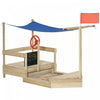 Bac A Sable Pour Enfants A L'exterieur, Station De Jeu Pliable, Avec Drapeau, Auvent D'ombrage, Revetement De Fond, Tableau Noir, Pour Les Enfants De 3 A 8 Ans, Bois Naturel